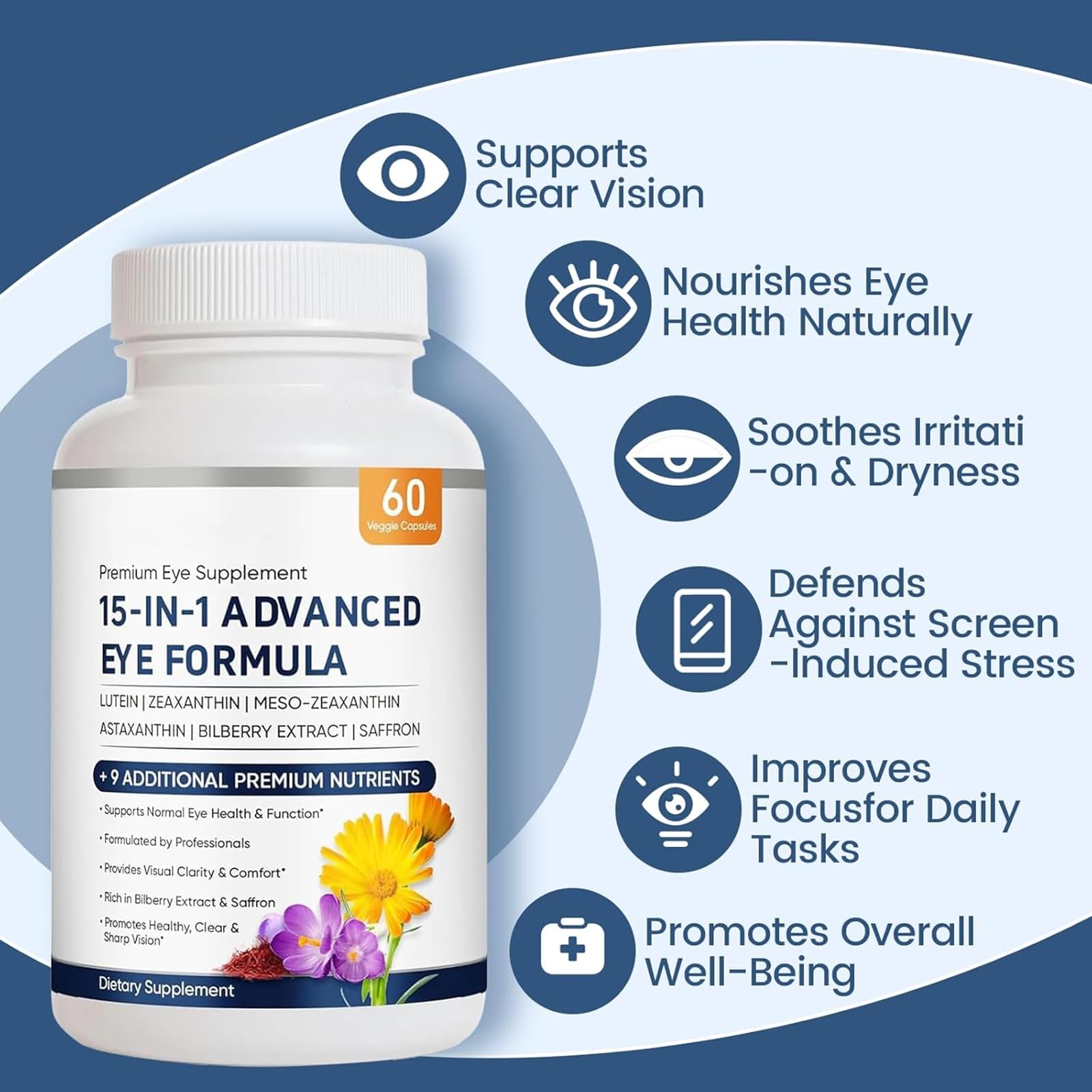 15 in 1 Advanced Eye Formula, Eye Vitamin and Mineral Supplement with Lutein, Zinc, Luteolin, Zeaxanthin & Bilberry Extract, 60 Count (1) — Amazon image 4