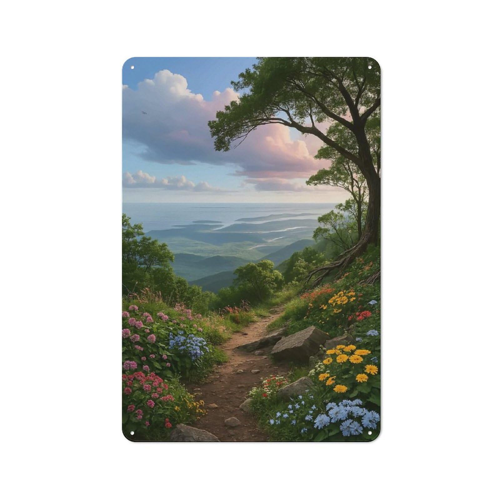 Junmoney Style-18 Metal Plaque 30X20cm With Scenic Mountain Trail With Flowers For Hallway Wall, Rustic Decor, A Metal Wall Feature For Hallways And Entrance Areas
