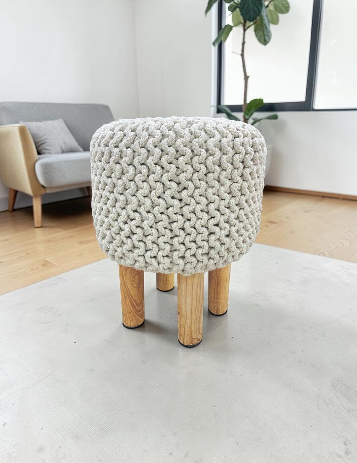 CASVO® Handmade Jute Pouffe Stool with Wooden Base | Cotton Knitted Ottoman Footstool | Round Sitting Pouf for Living Room Library Office & Home Decor 32x32x42 cm (Cream)