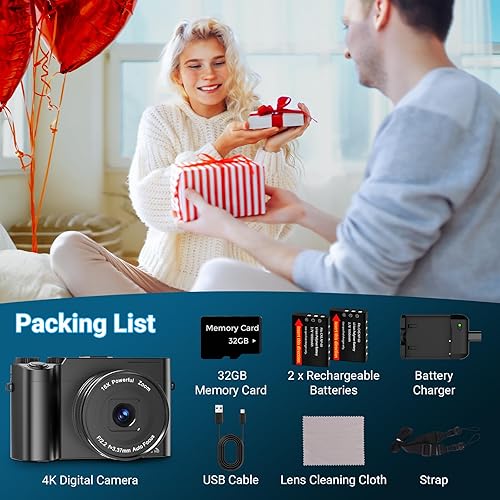 Miniatura 9 de Cámara digital 4K para fotografía y vlogging, cámara de video de YouTube compacta de enfoque automático de 64 MP con lente dual IPS de 3 pulgadas,