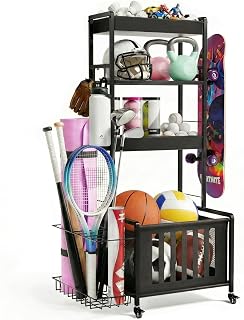 Faesun 4-Tier Rolling Ball Storage Rack for Garage - Sports Equipment Organizer Cart with Wheels, Bat Rack, Heavy-Duty Steel, Black
