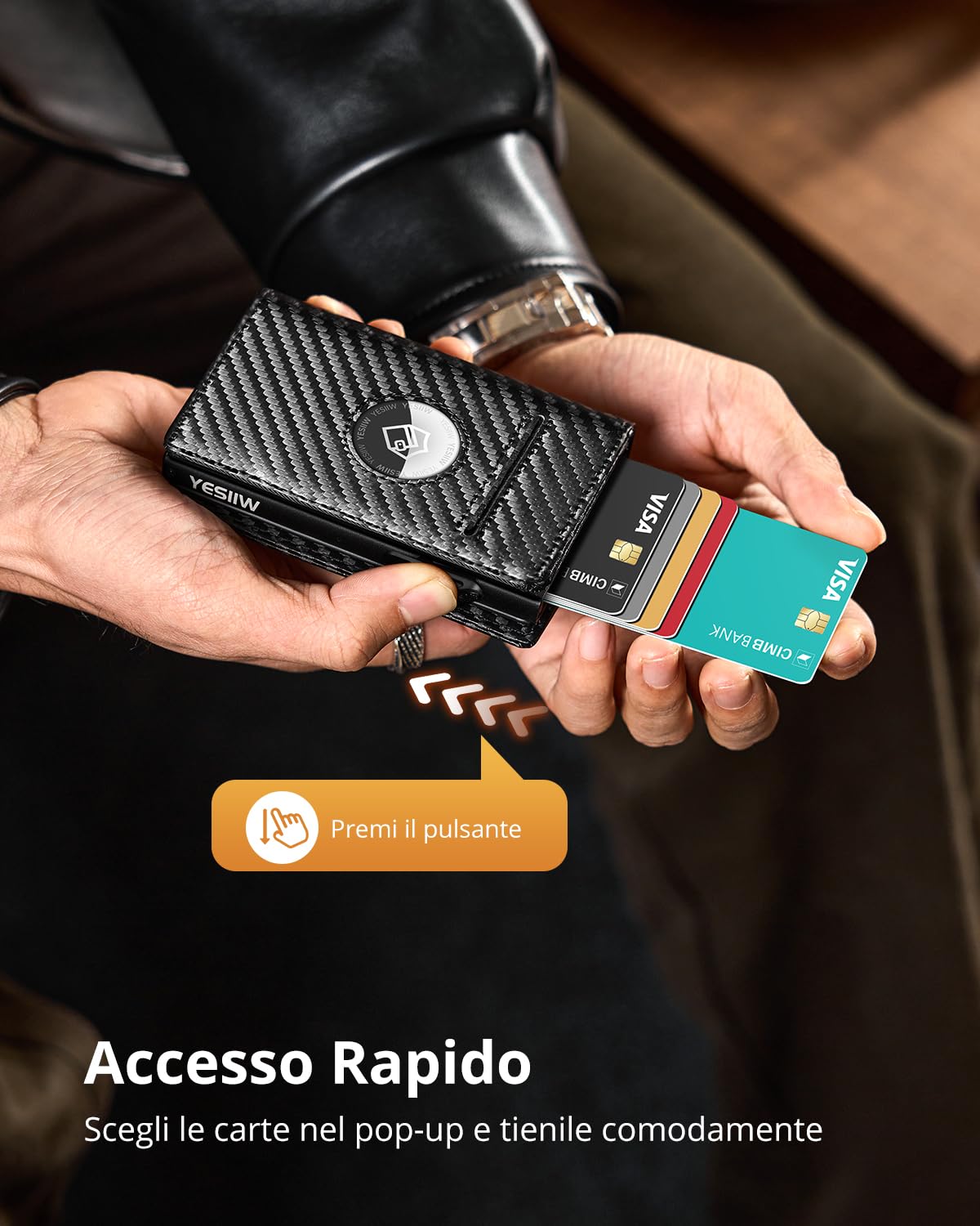 YESIIW Portafoglio Uomo Airtag Portafogli Uomoo con Blocco RFID Portacarte Uomo Slim con Fermasoldi e Tasca per Monete, Pop-up Porta Carte di Credito Uomoo per 10 Carte (Fibra Di Carbonio)