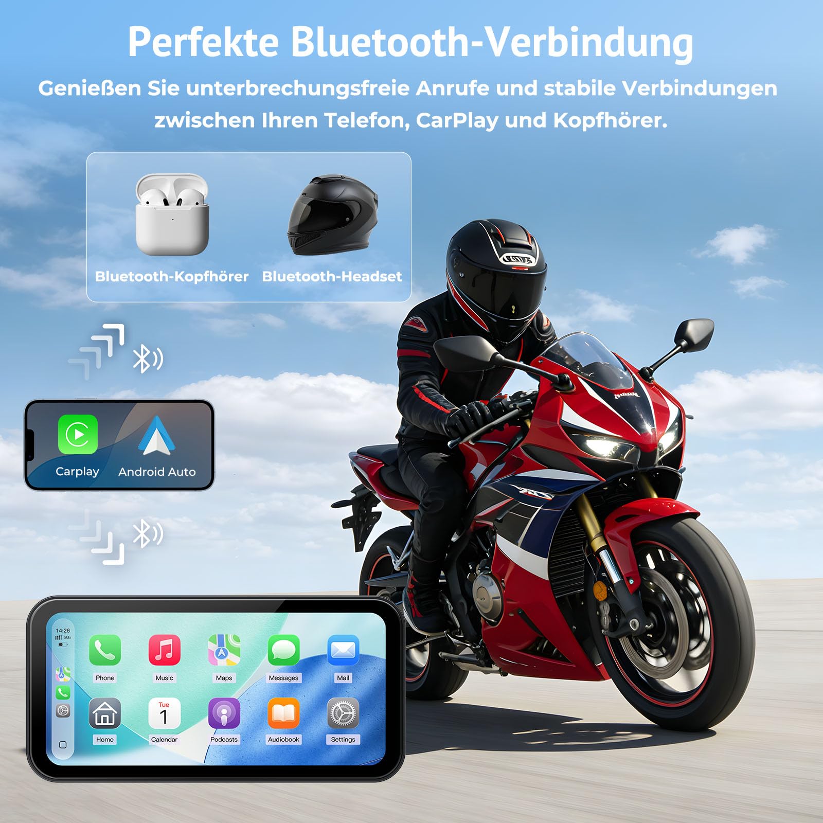 W622 Motorrad kabelloses CarPlay Display 6,25" Touchscreen,kompatibel mit Apple CarPlay & Android Auto,Navi, Sprachsteuerung,IP67 wasserdicht,TPMS,Dual Bluetooth,USB/Acc Stromversorgung