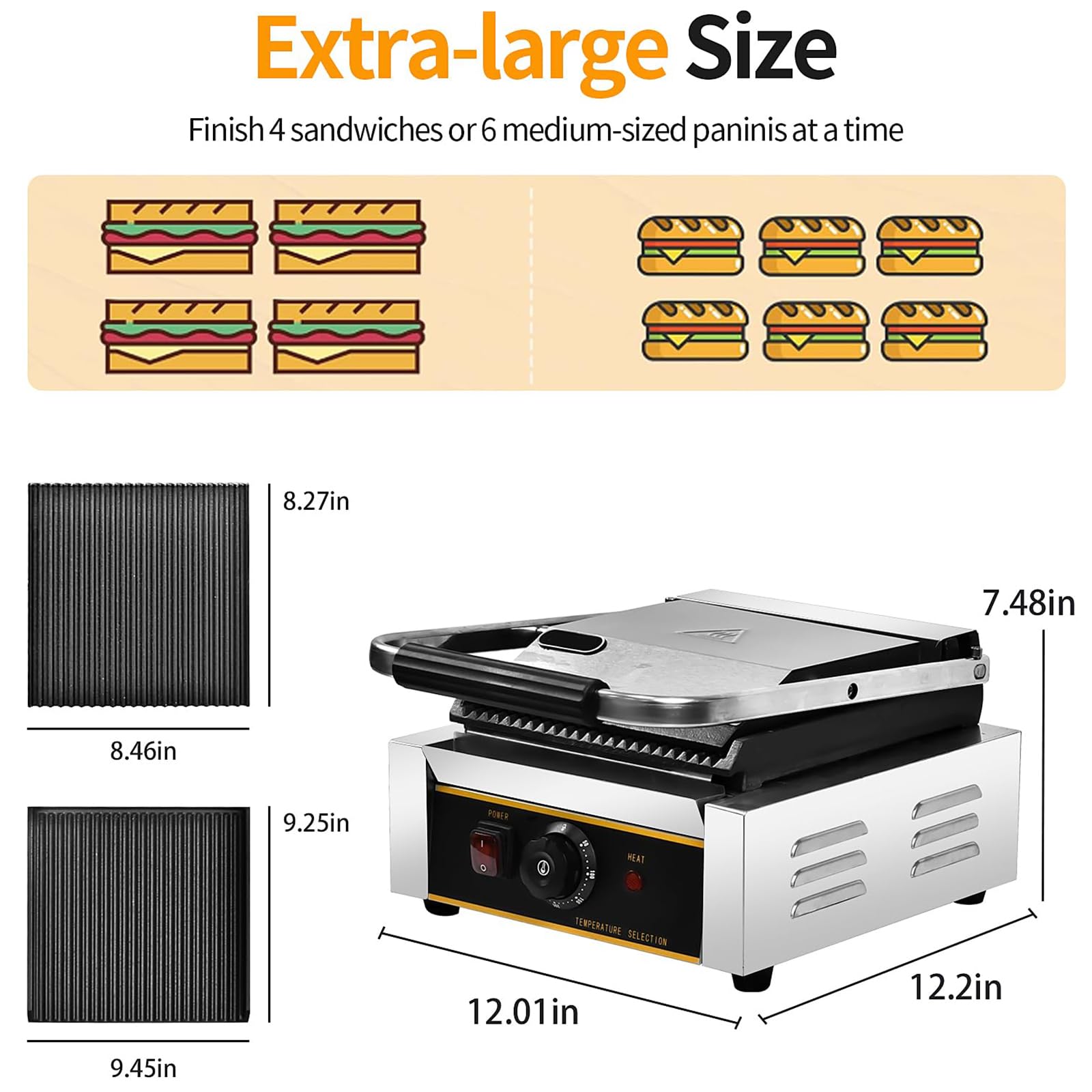 Commercial Panini Press, dwustronne ogrzewanie elektryczne kanapki Panini Grill z powłoką bezstronną i 50-300 ℃ Regulowana temperatura, maszyna do kanapki tosterowej dla hamburgerów steków