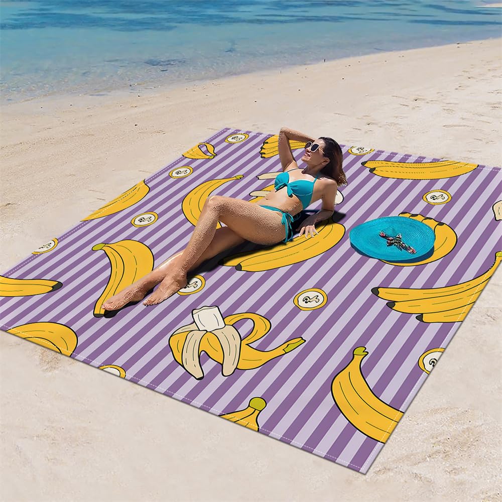 DOTBUY-SHOP Large Beach Blanket, Waterproof Picnic Blanket Portable Foldable Tent Carpet, Beach Mat with 4 Stakes, Sandproof Camping Blanket for Outdoors, Camping (Banana,150x150cm)