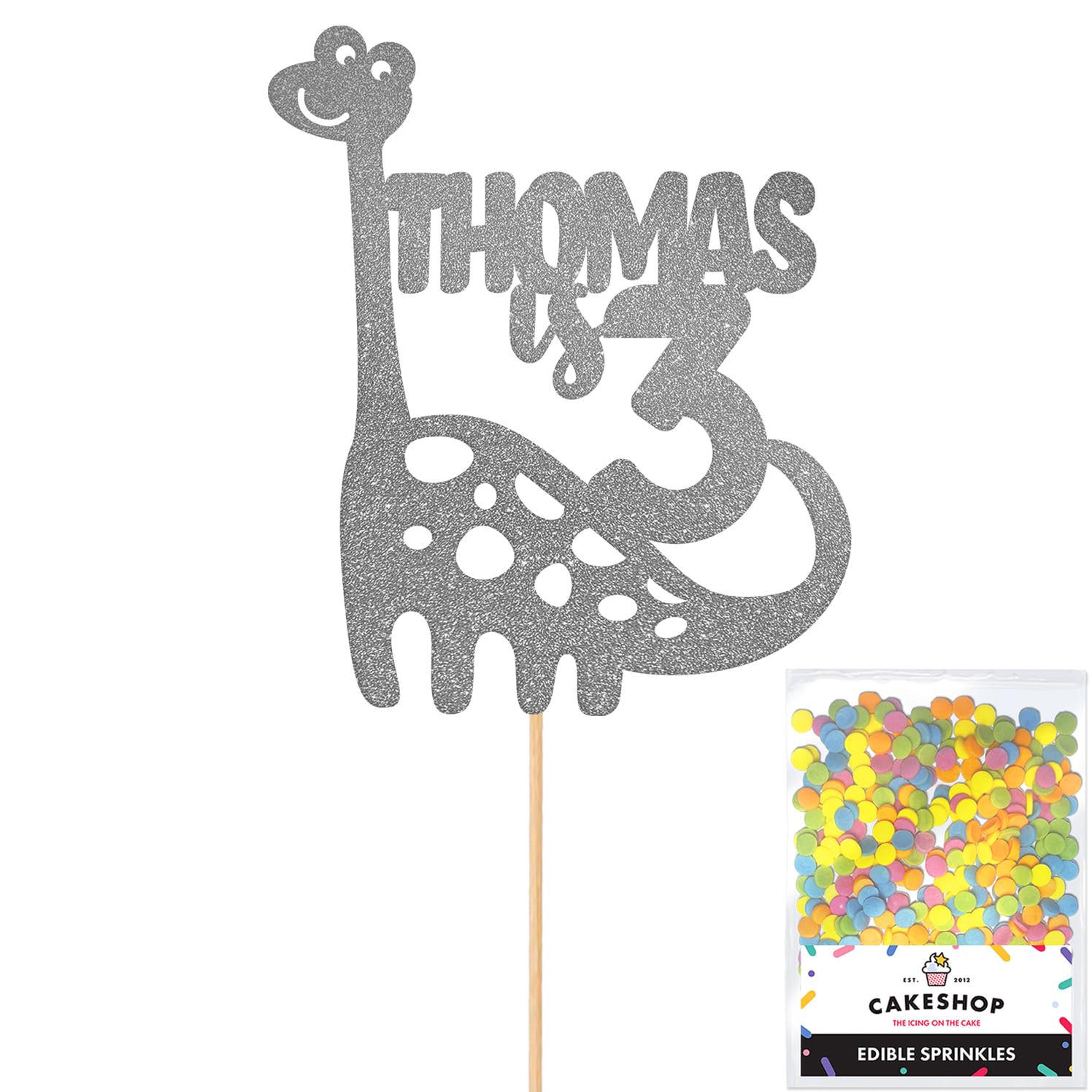 Personalised Birthday Dinosaur Glitter Cake Topper- Dark Silver Any Name & Age Glitter Cake Decoration and Sprinkles - Happy Birthday Decorations - Personalised Toppers for Cakes by Cakeshop