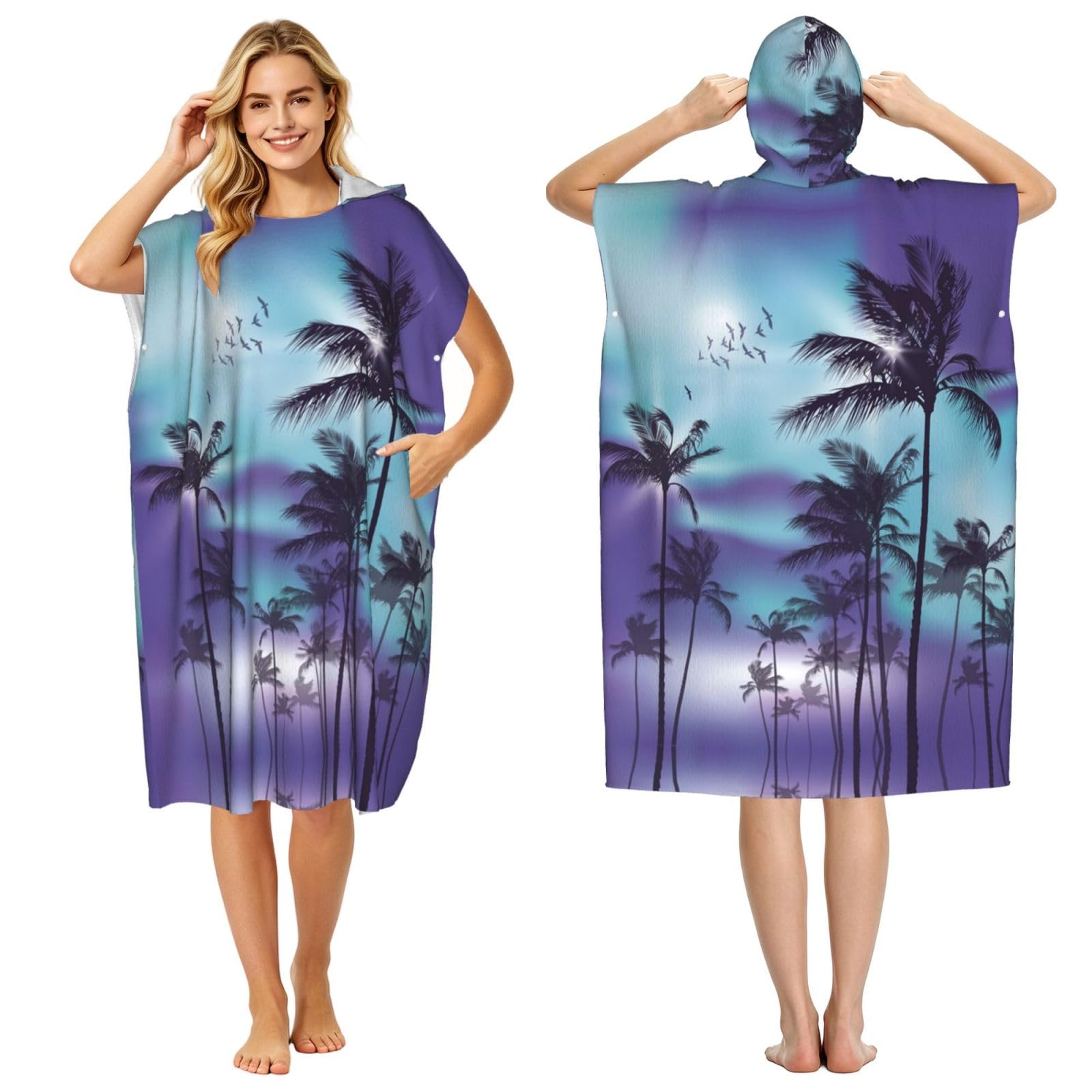EZDLOWVBA Palm Trees Print Hooded Poncho Microfiber Beach Towel,Adult Women & Men Changing Robe,Lightweight Summer Surf Swim Bath Poncho Towel