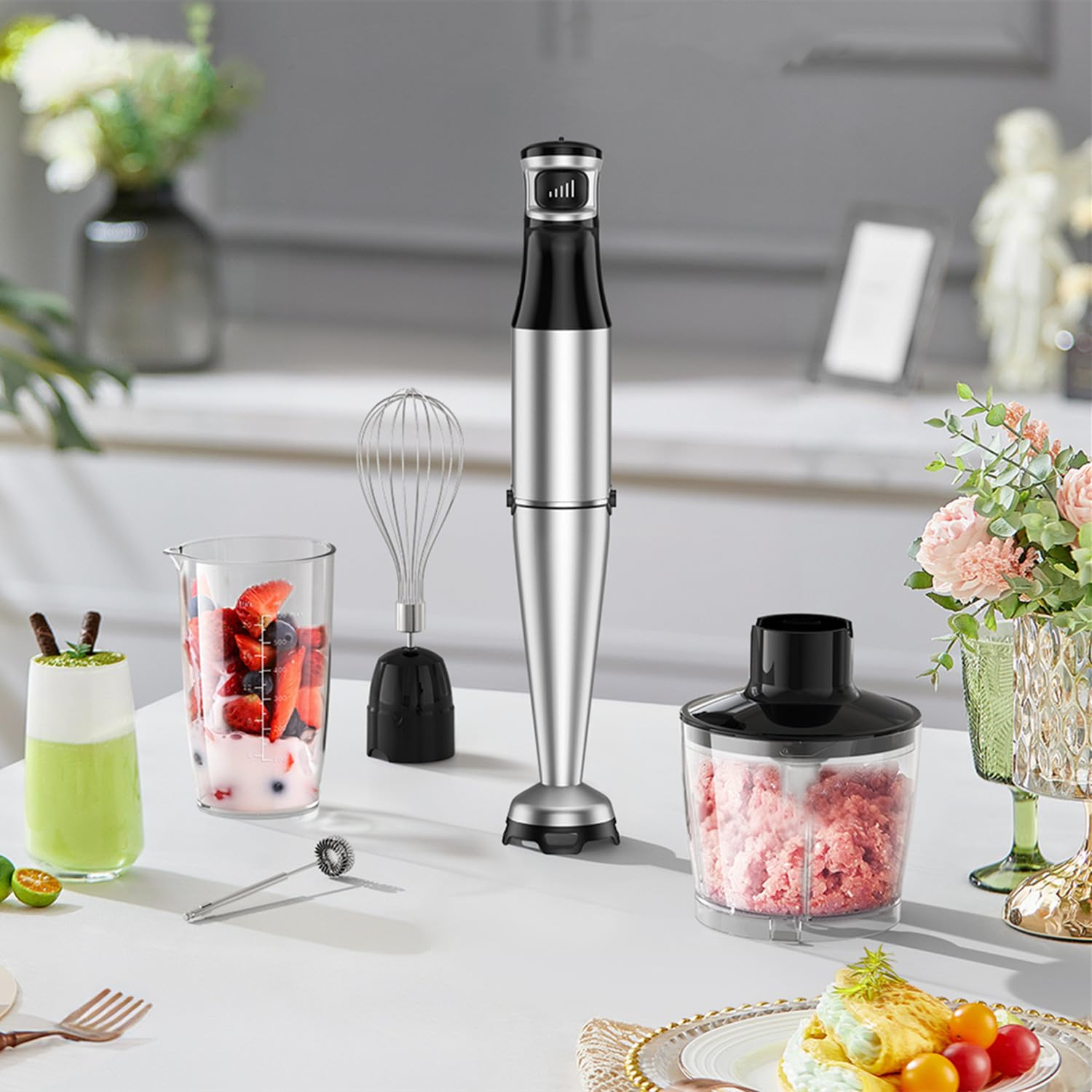 Batidora de inmersión de mano de 1100 W con cable 5 en 1 con velocidad de control de gatillo, batidora, accesorios para espumar leche para sopa, batido, puré 7