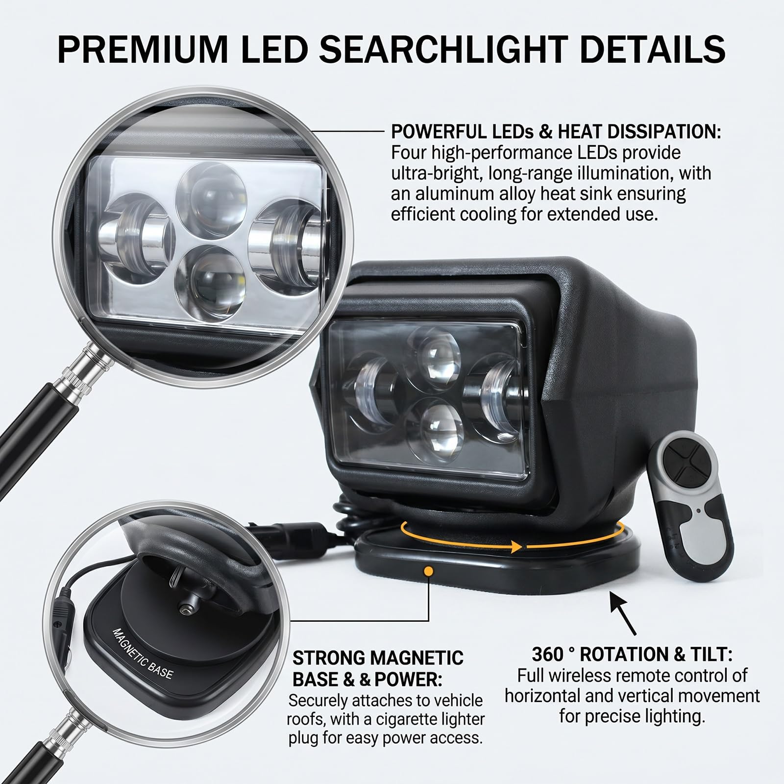 Faro di ricerca per veicoli da 120 W, girevole a 360° con telecomando, potente base magnetica, alta luminosità, impermeabile, ideale per campeggio, barche, camion, fuoristrada(White)