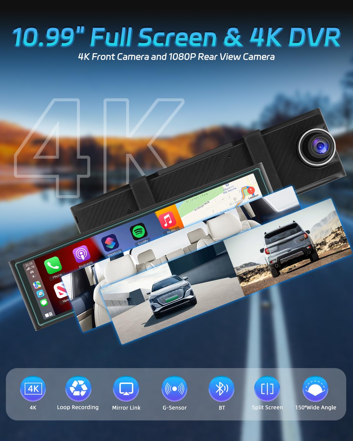NHOPEEW Espejo retrovisor de 10,99 Pulgadas con cámara Frontal 4K - CarPlay inalámbrico y Android Auto - Compatible con Mirror Link Transmisión FM Visión Nocturna Conexión WiFi