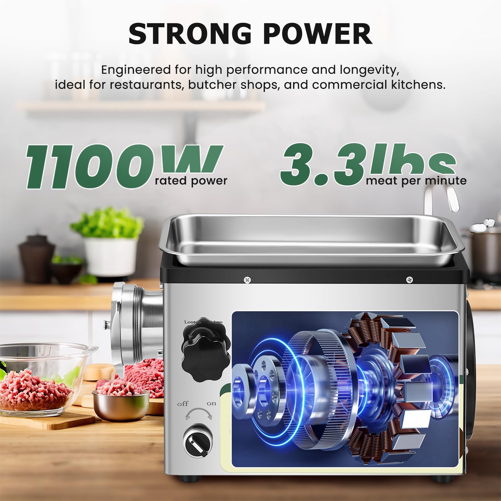 Huanyu Electric Meat Grinder 1100W Stainless Steel Meat Grinder Heavy Duty with 2 Blades 4 Plates Commercial Grinders for Restaurants, Butcher Shops 110V 1.5HP