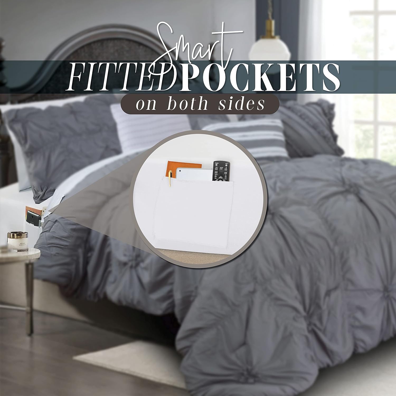 Elegant Comfort Amy 12-Piece Oversized Comforter, Bed-in-a-Bag Including 6-Piece Sheet Set Featuring Smart Pockets and Matching Decorative Pillows, Amy 12PC Oversized Comforter, Full, Gray