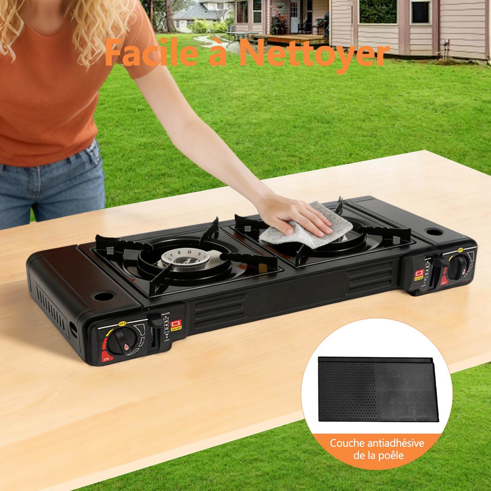 Réchaud à gaz portable 2 feux avec plateau barbecue et mallette de rangement pour camping