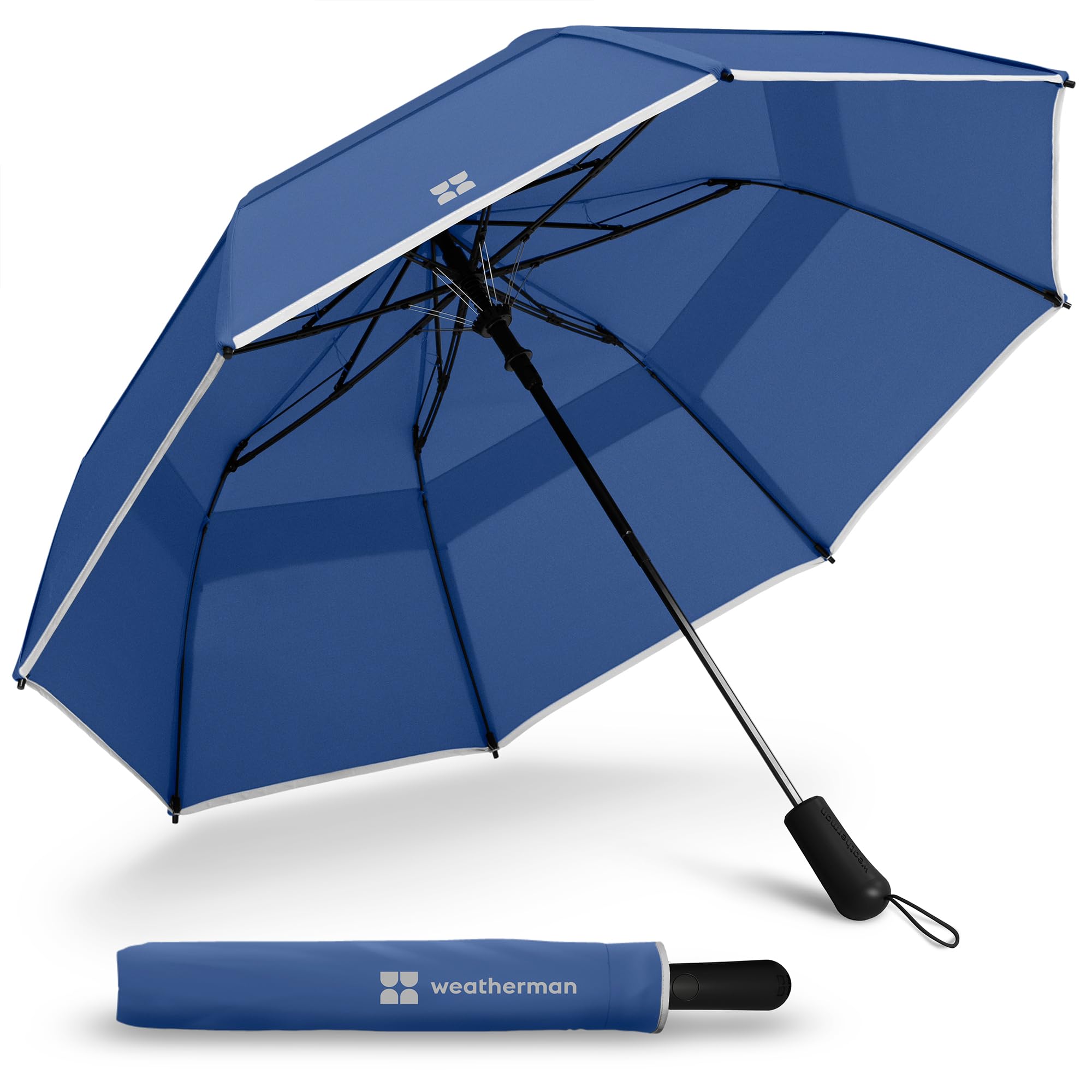 Weatherman - Premium Collapsible Small Travel Umbrella - Windproof, Resists Up to 55 MPH Winds - Compact, Portable, Easy Auto Open with Strong