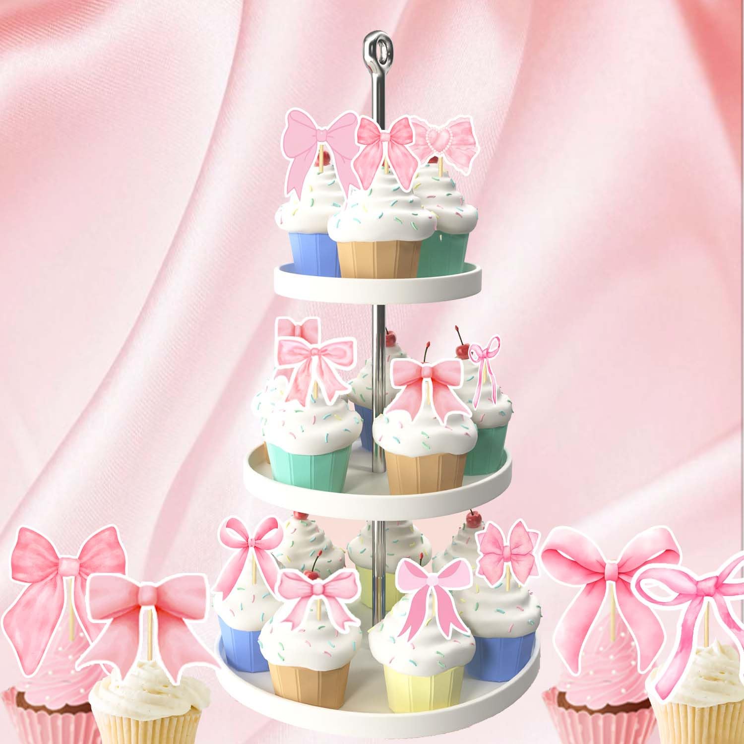 48 adornos para cupcakes con lazo de coqueta, decoración de pastel de cumpleaños para despedida de soltera, novia, compromiso, boda, niña, baby shower, decoración de fiesta temática