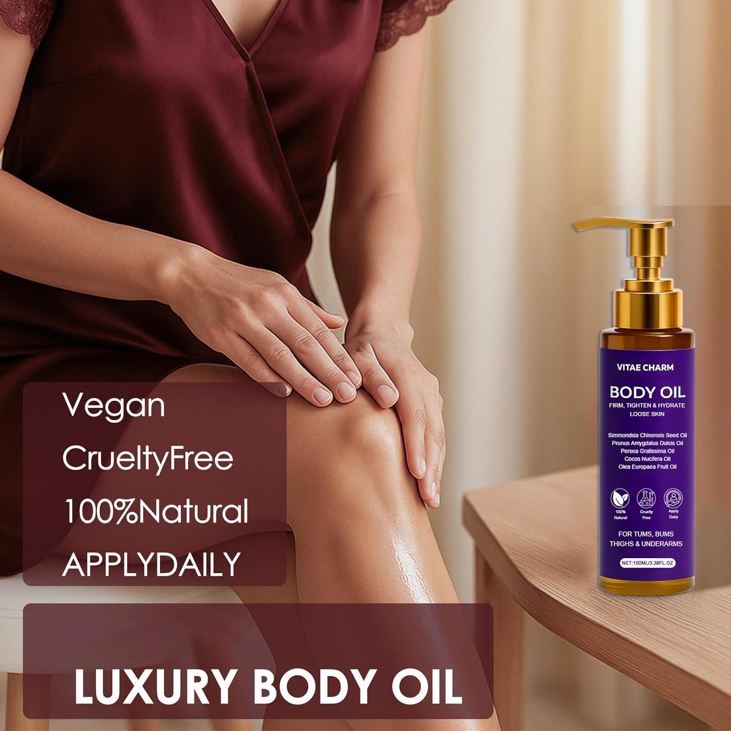 Vitae Charm Body Oil, Luxury Body Oil for Crepe Skin, Firming Tightening & Hydrating Body Serum with Vitamin E and Sweet Almond Oil, Smooths Skin for Women - Image 9