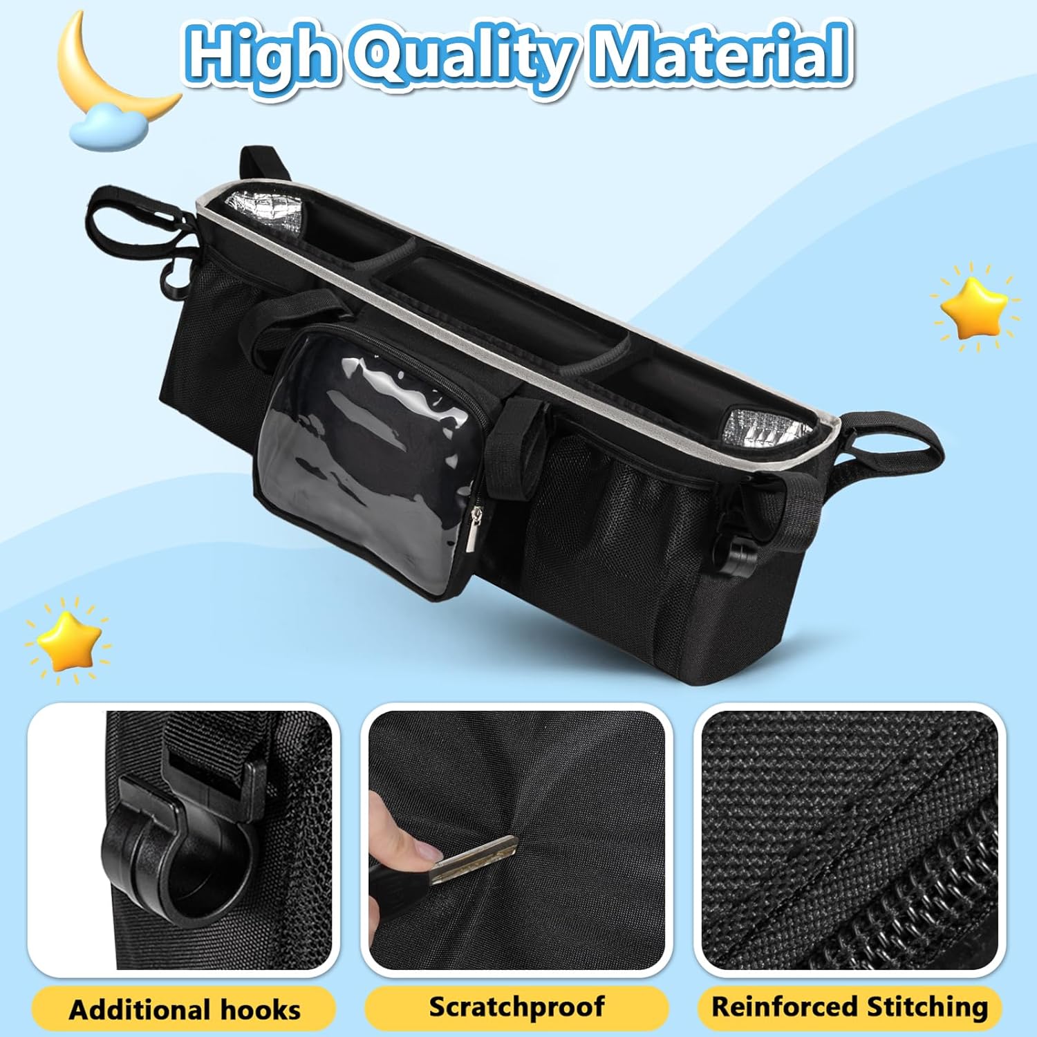 Double Stroller Organizer for Bob Duallie Jogger City Mini GT2 and Jeep, Double Baby Stroller Caddy Accessories with 2 Cooler Pockets, Heavy Duty Parent Double Jogging Stroller Organizer (Empty Bag)