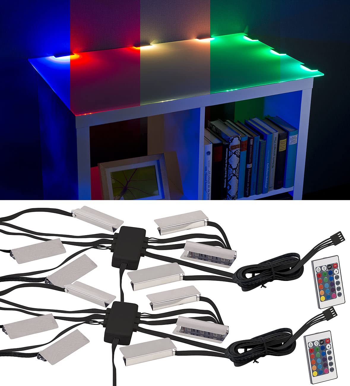 Lunartec iluminación para vitrinas: Juego de 2 LED-Iluminaciones de vidrio, 12 clips, 36 LEDs (iluminación placas cristal, para vitrina vidrio)