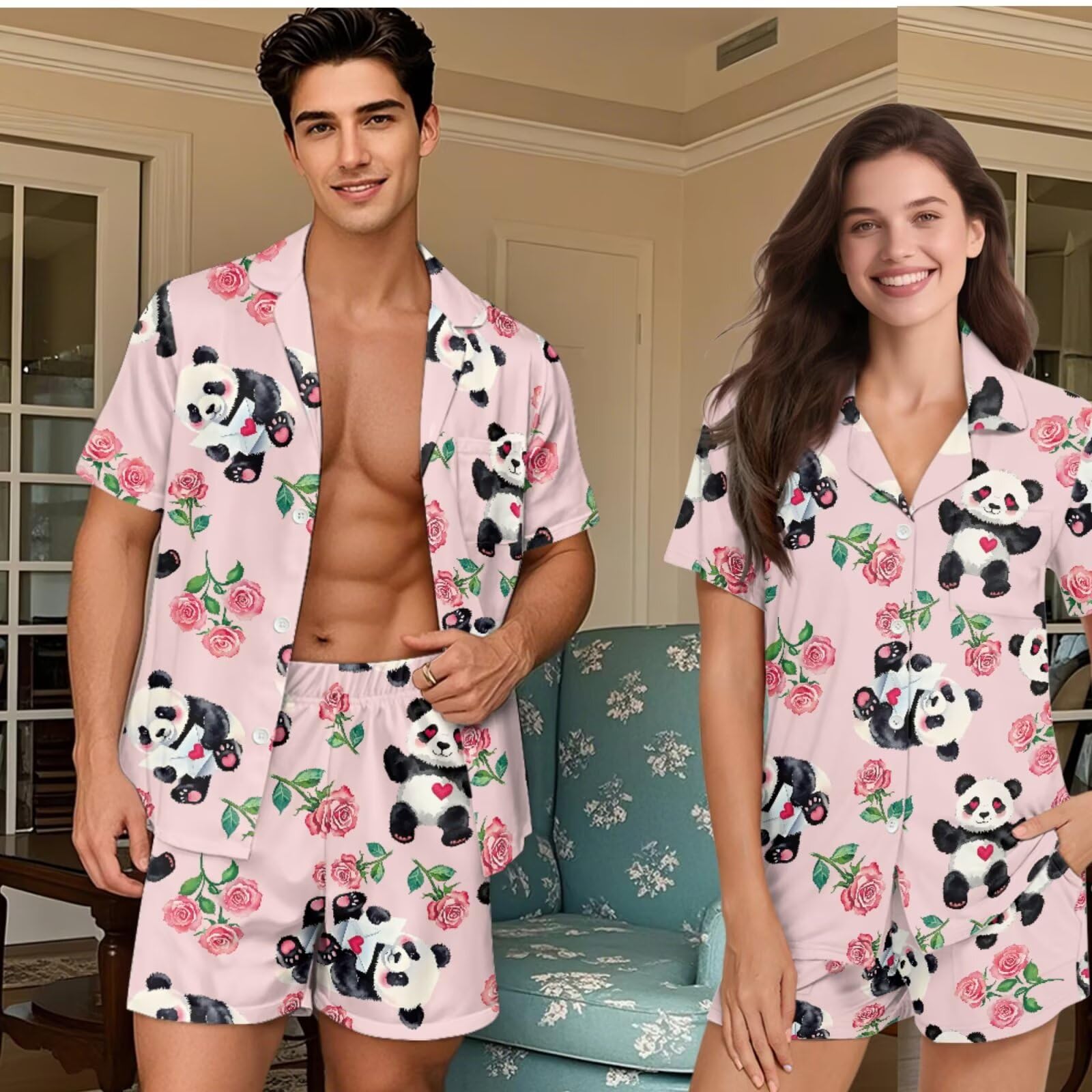 Conjunto de pijama a juego para parejas, casual, manga corta, con botones, con pantalones y bolsillos