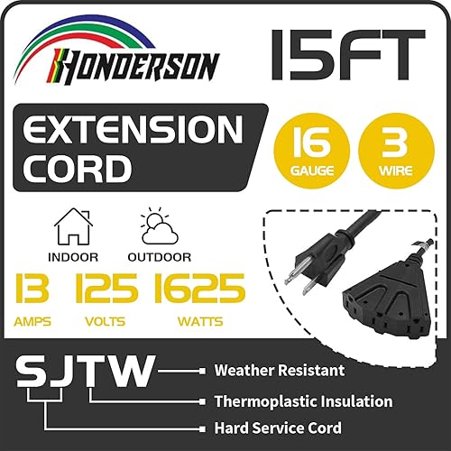 Miniatura 2 de Cable de extensión para exteriores de 15 pies con 3 tomas de corriente eléctrica, cable negro duradero SJTW de 163 con enchufe a tierra de 3