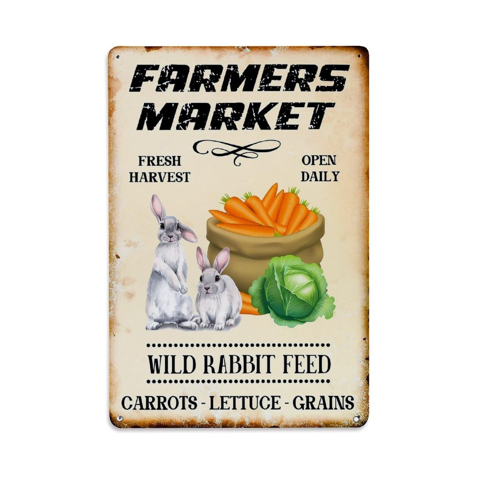 Jdfenggu Vintage Farmers Market Fresh Harvest Open Daily Wild Rabbit Feed Carrots Lettuce Grains Retro Metal Tin Sign, Decor Art Poster For Bar, Home, Man Cave, Kitchen, Laundry Room Gift 8X12inch