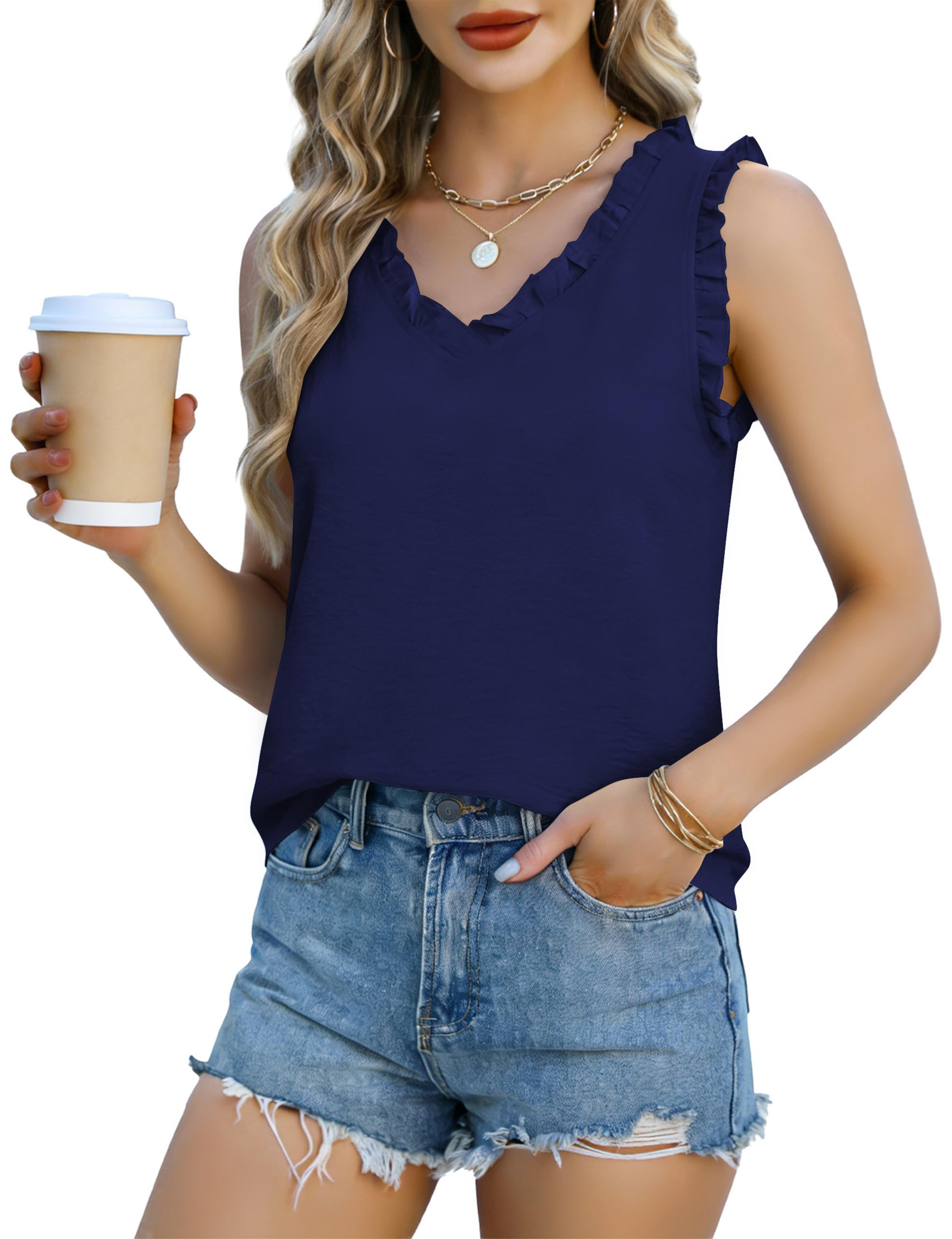 Photo 1 of Tank Top for Women 2026 Business Casual Tops Sleeveless Dressy Blouses Ruffle V Neck Fashion Clothing(Dark Blue,L)