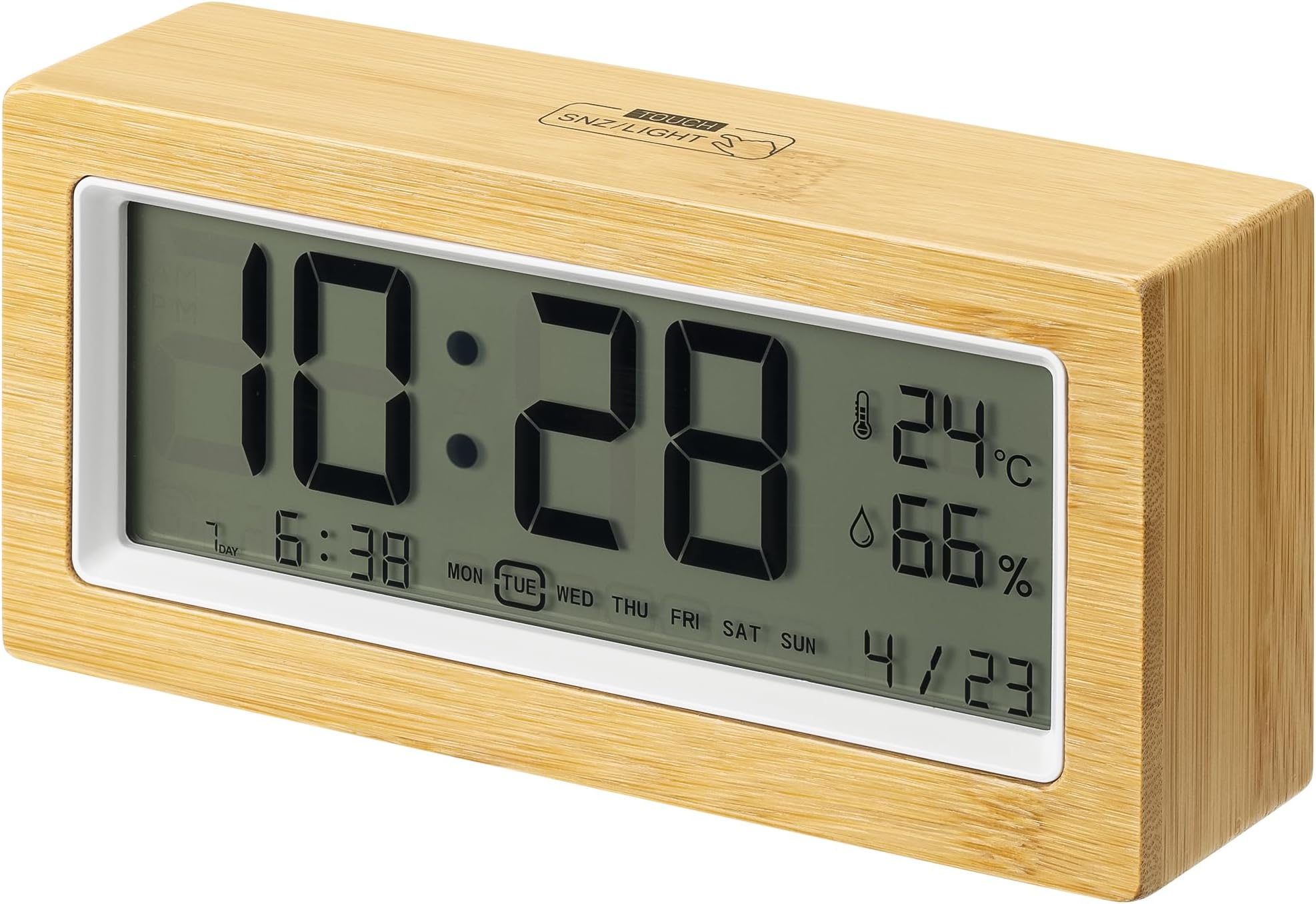 Navaris Digital Alarm Clock for Bedside or Desk with Light & LCD Backlit Display Shows Date Temperature & Humidity - Battery Operated - Bamboo with White Frame