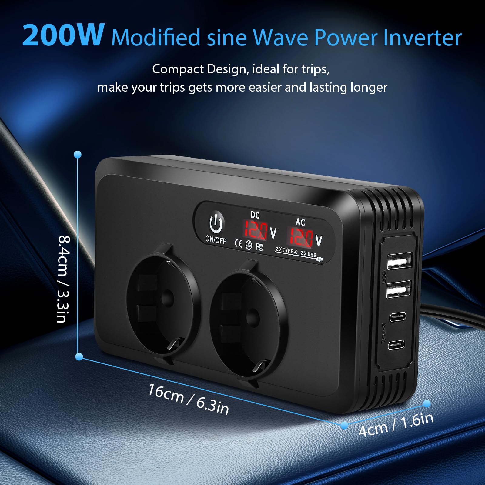 Encendedor de cigarrillos para coche CC a CA, inversor con doble pantalla LED, 200 W, convertidor de voltaje de 12 V a 230 V, con 2 enchufes y 2 USB-C 2 USB-A, cargador de coche con enchufe para