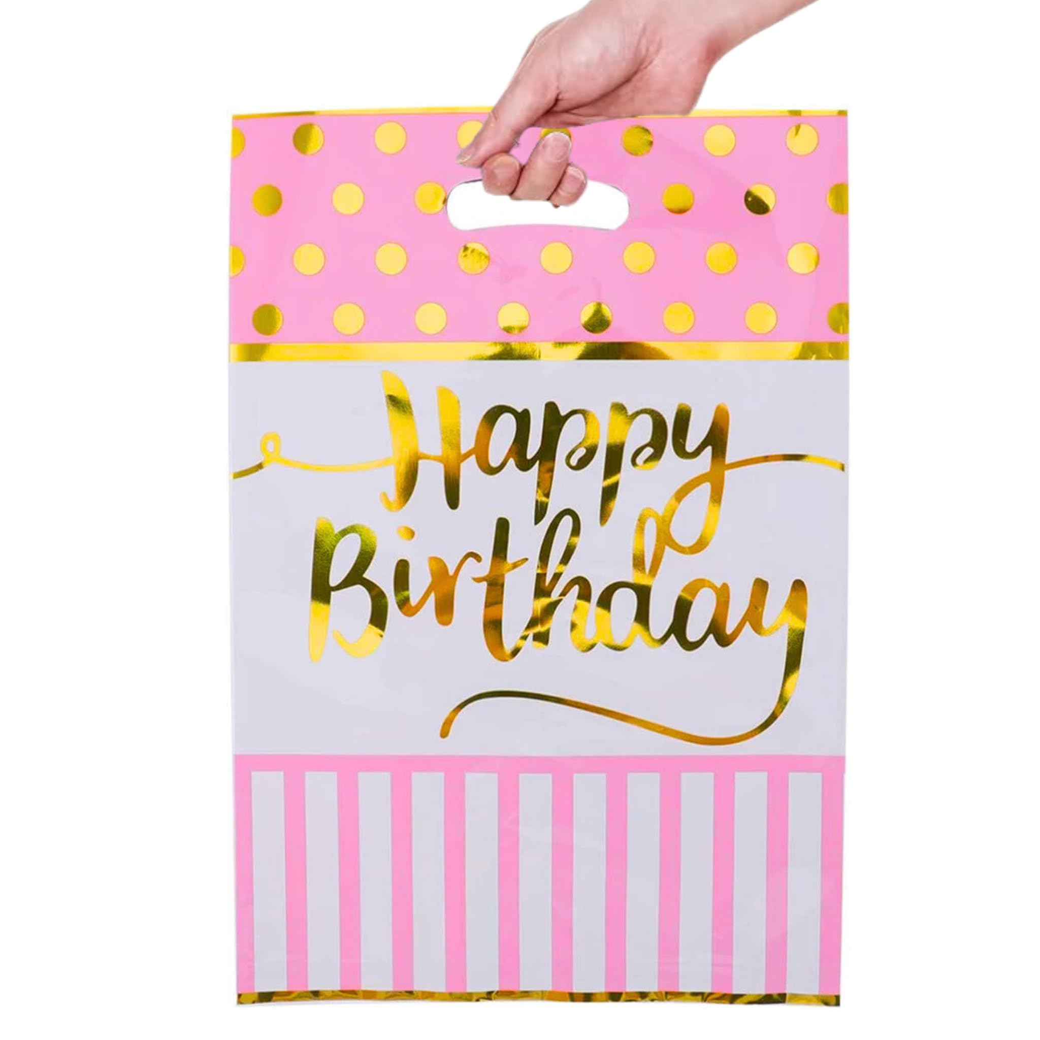 Wanna Party Happy Birthday Gift Bags – Pink & Gold Plastic Goodie Bags with Handle, Reusable Return Gift Bags for Kids Birthday Parties, Baby Showers, Girls Party Supplies – Pack of 10 (12" x 8" Inch)-image-36