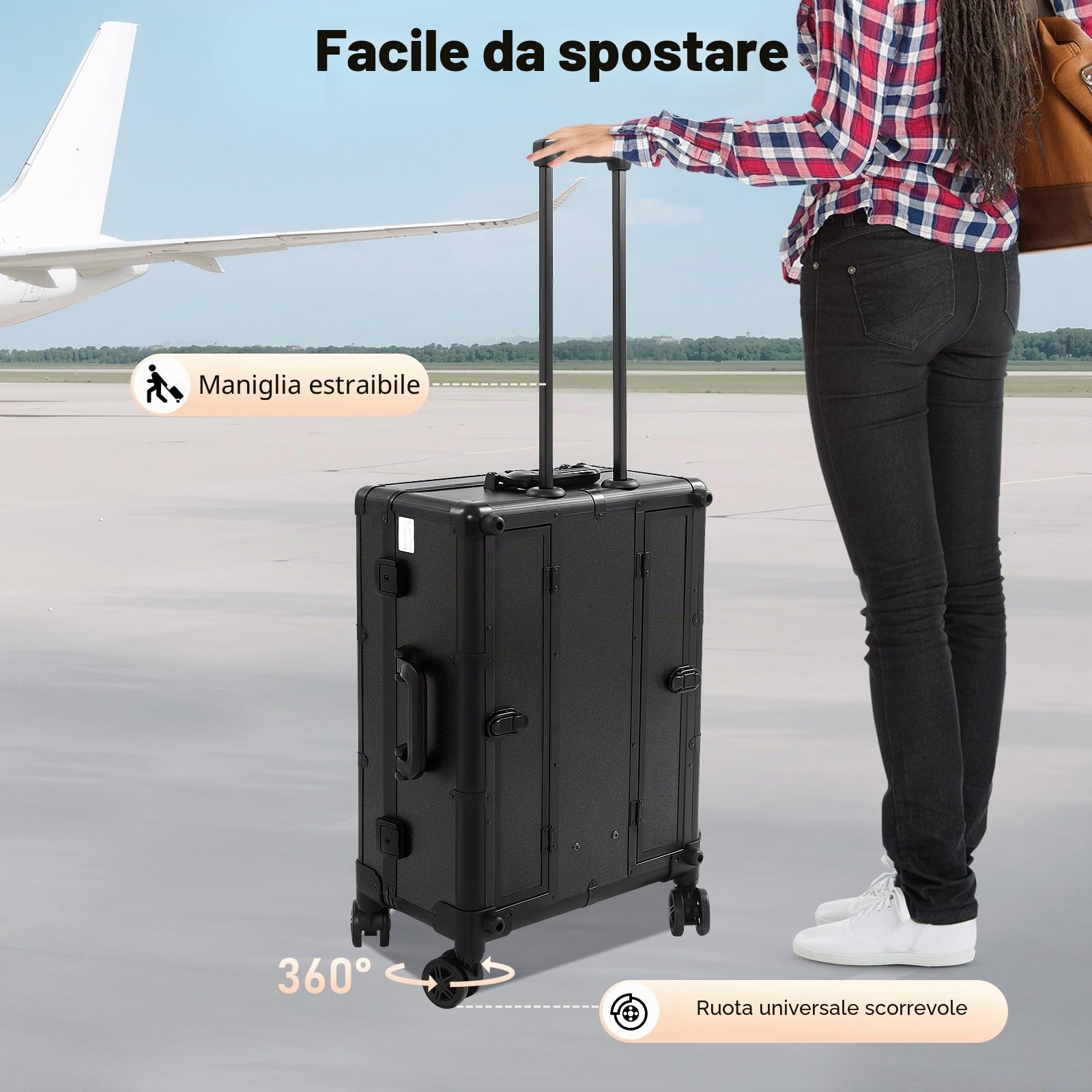 Valigetta per trucchi, professionale, grande, con luce LED e specchio, con chiusura a chiave, con 4 ruote, gamba regolabile per trucchi professionali, parrucchieri (nero), Nero , Viaggi