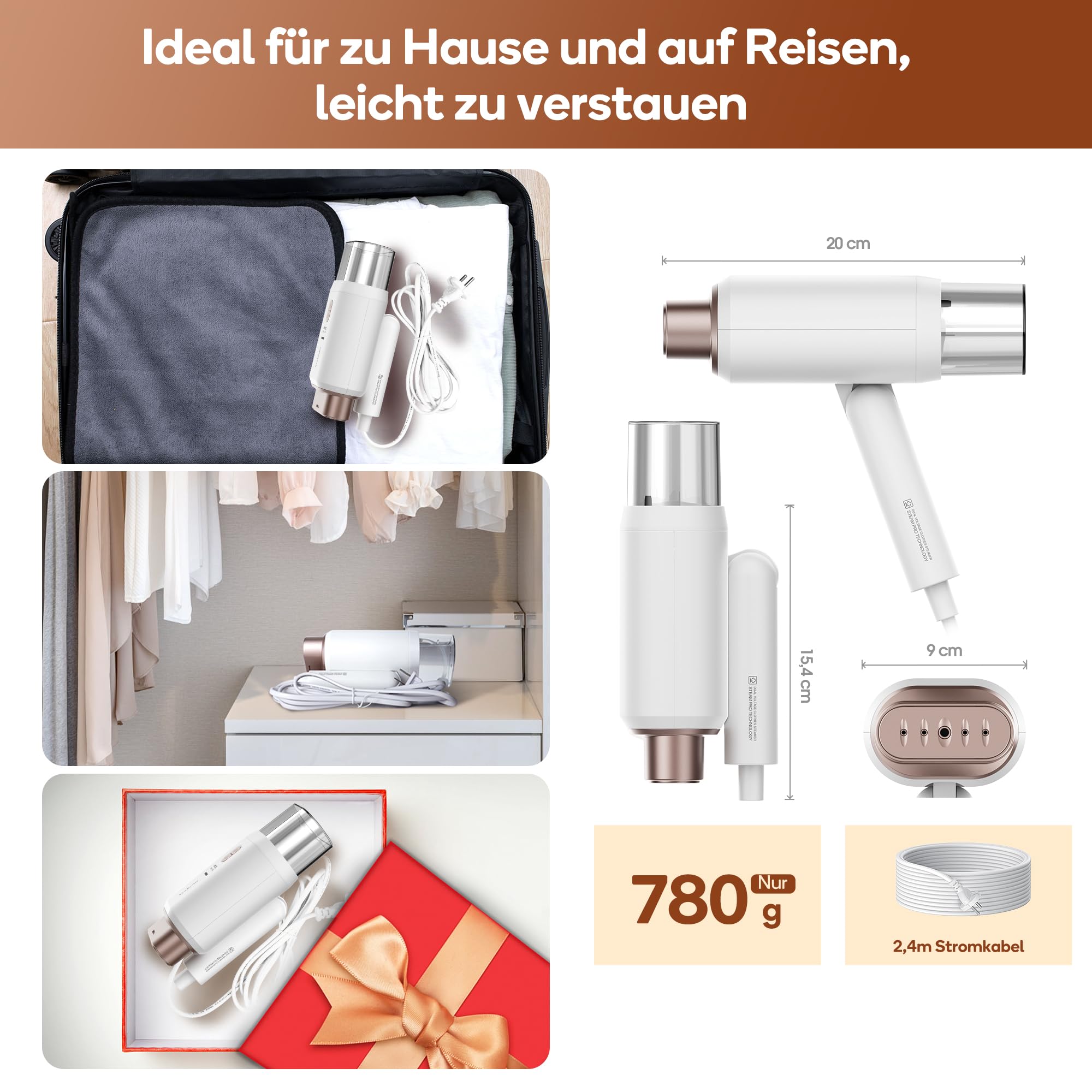 Newbealer Steamer Reise Dampfglätter, 2-in-1 Reisebügeleisen mit umschaltbarer Spannung - 220V/120V, 20s Schnelles Aufheizen, 1200W Klein & Leicht Dampfglätter für Globale Reise und Urlaub, Weiß