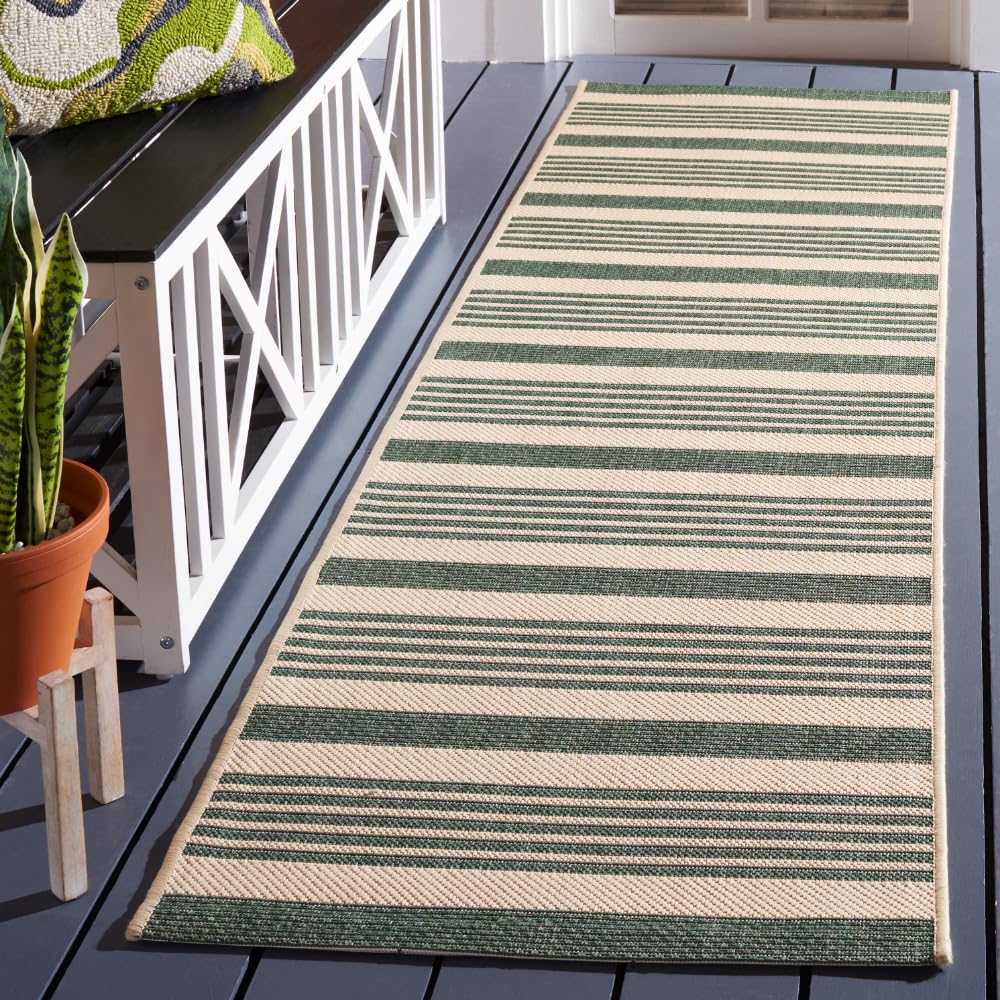 SAFAVIEH Washable Rug Outdoor Courtyard Collection - 2'3" x 10' Runner, Beige & Dark Green, Non-Shedding & Easy Cleaning, Ideal for Patio, Entryway,