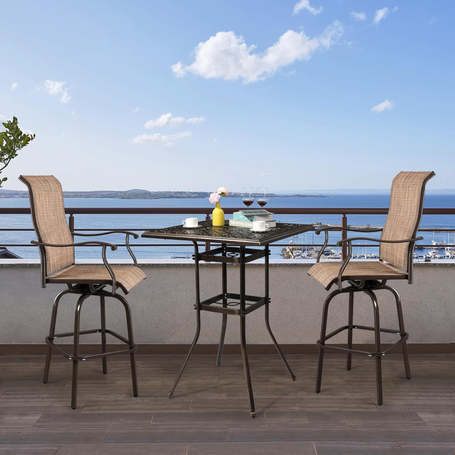 VINGLI Outdoor Bar Table, Sqaure Bar Height Patio Table with Umbrella Hole, Cast Aluminum Tall Outdoor Table Bistro Table Outdoor Furniture Garden Table