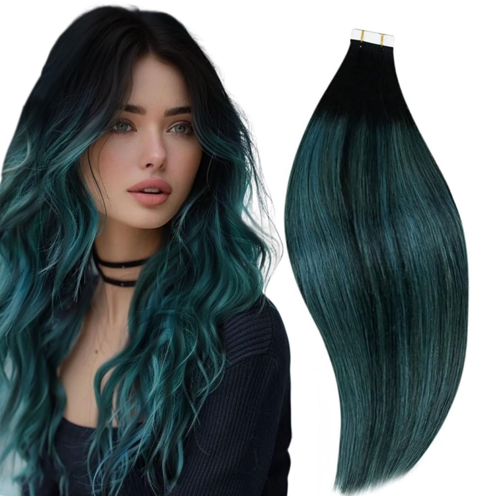 RUNATURE 14 Inch Tape in Hair Extensions Human Hair Black Ombre Teal Tape Hair Extensions Real Human Hair Invisible Tapes Teal Hair 40 Gram
