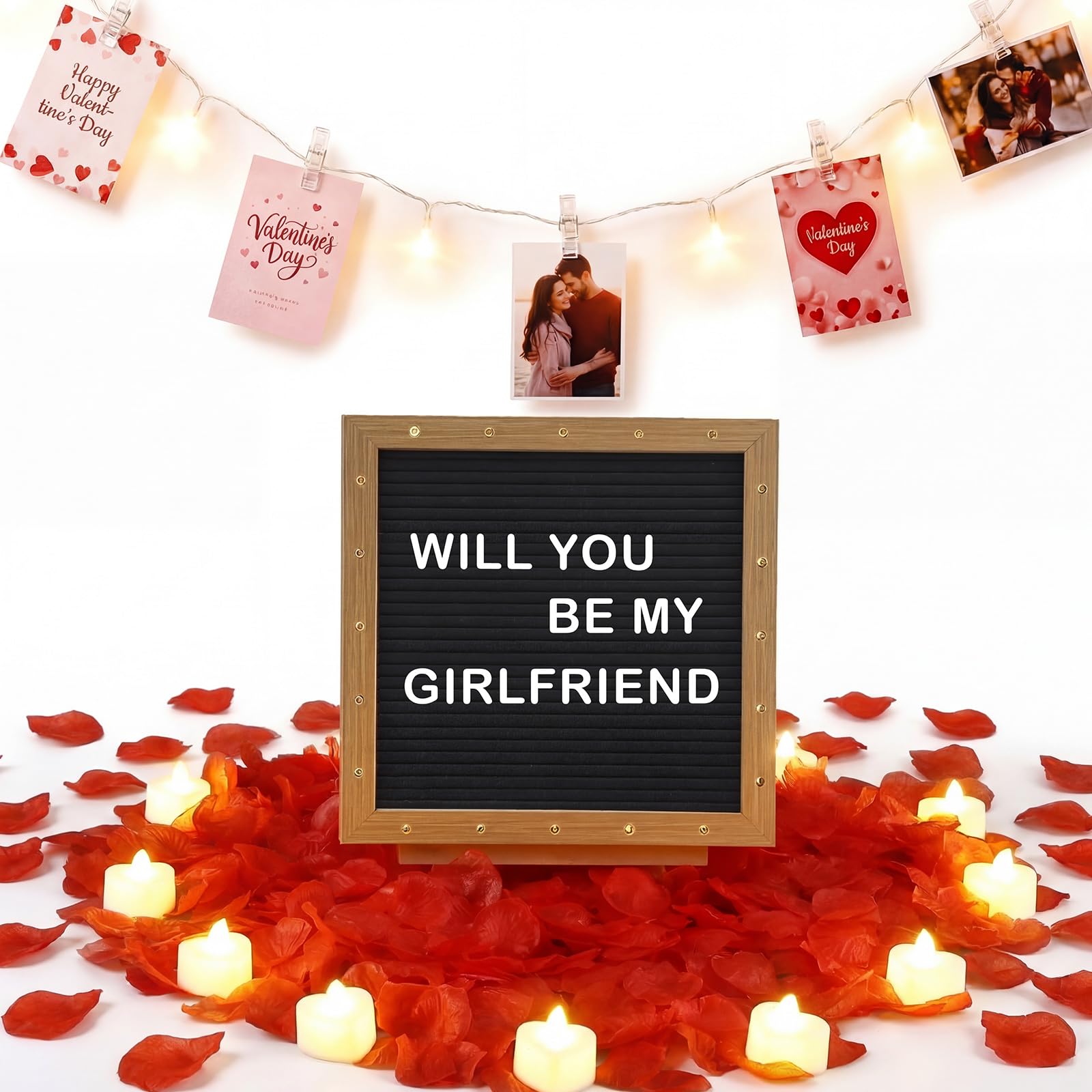 Ceenna Letrero romántico con texto en inglés "Will You Be My Girlfriend" con tablero de fieltro LED de 25,4 x 25,4 cm, letrero de madera de fieltro para fotos, cadena de luces, pétalos de rosa
