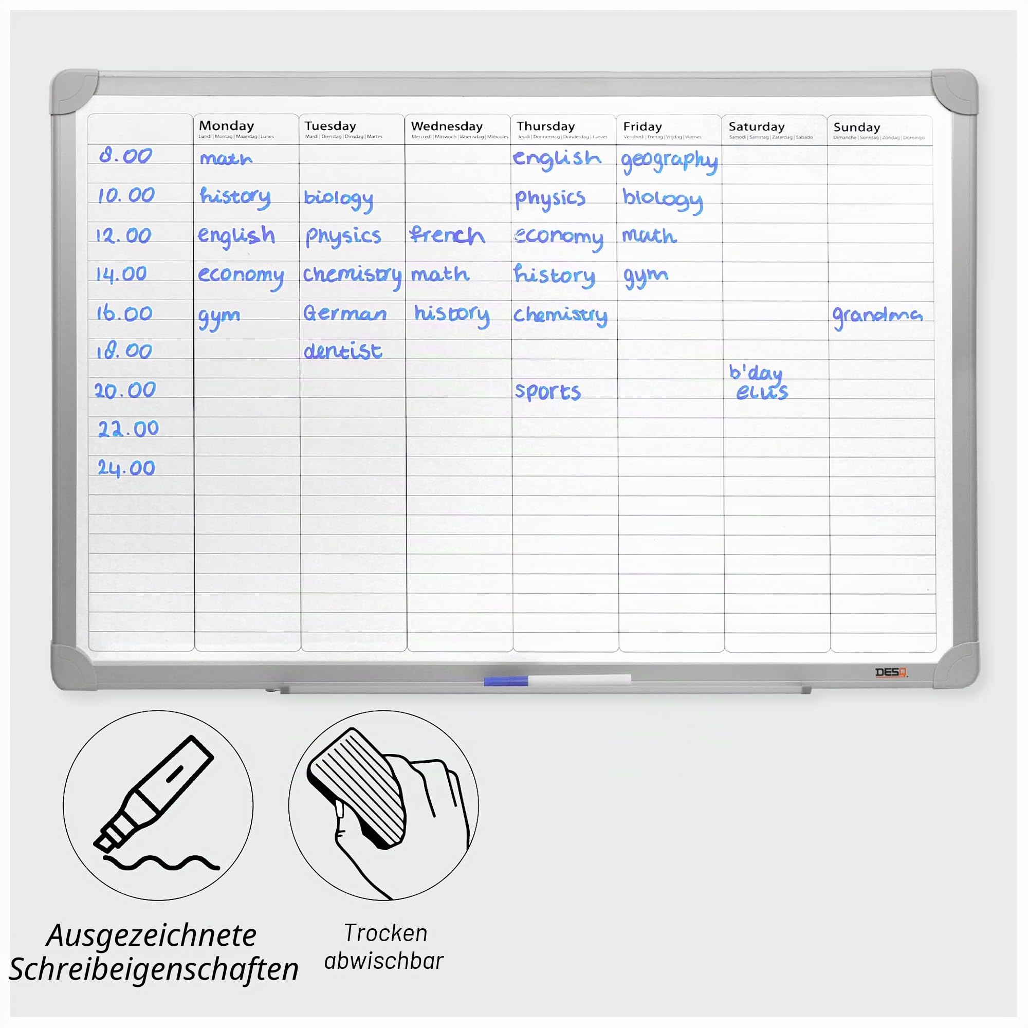 Desq® Wochenplaner | Magnethaftend | Aluminium Rahmen | 60 x 90 cm | Aluminiumablageschale