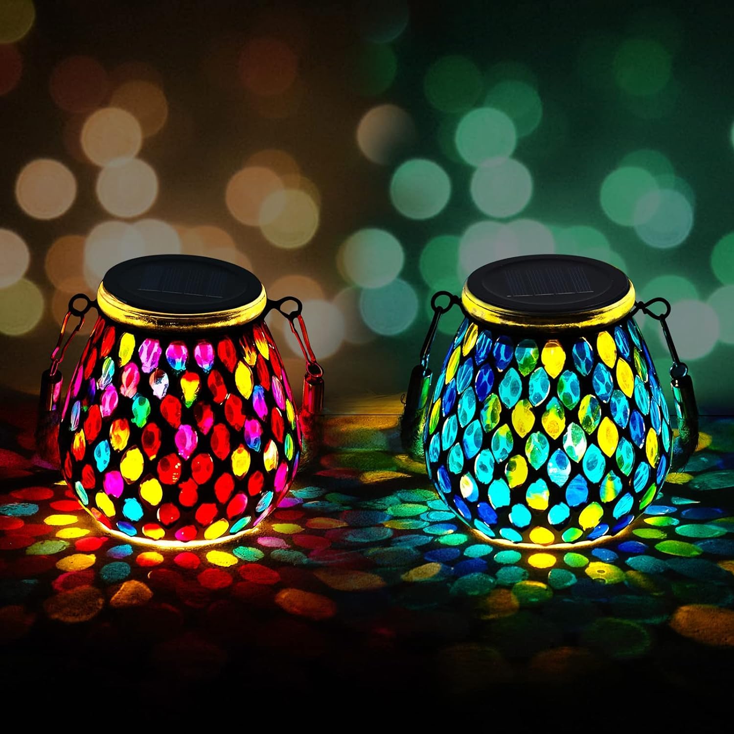 Zarmanuae Mosaic Solar Lanterns Outdoor Hanging Lights, Red & Blue Color Solar Glass Lights, Outdoor Waterproof Solar Night Lights, Garden, Patio, Pathway & Yard Multi-Colour, 2 Pack