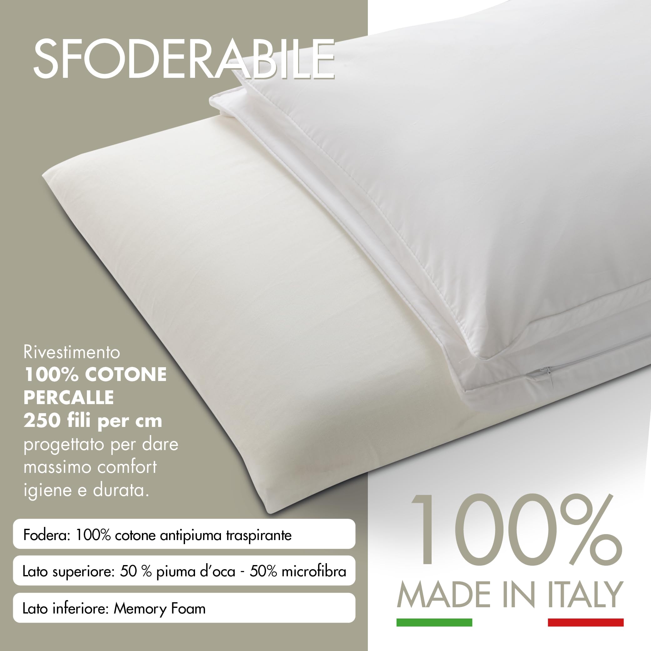 EMTEX Cuscino Letto DOPPIO COMFORT ANTIBATTERICO Lato PIUMA D'OCA/MICROFIBRA Lato MEMORY FOAM Viscoelastico SFODERABILE 100% COTONE Antipiuma Made in Italy (1, BIANCO)