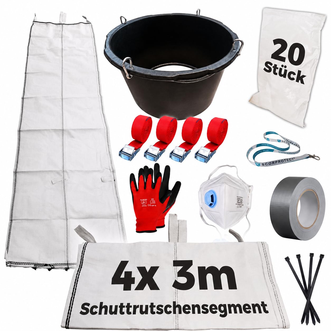 Scorprotect® Schuttrutsche Bauschuttrutsche 12 m flexibel mit Einfülltrichter, 20x Flachsäcke und Zubehör