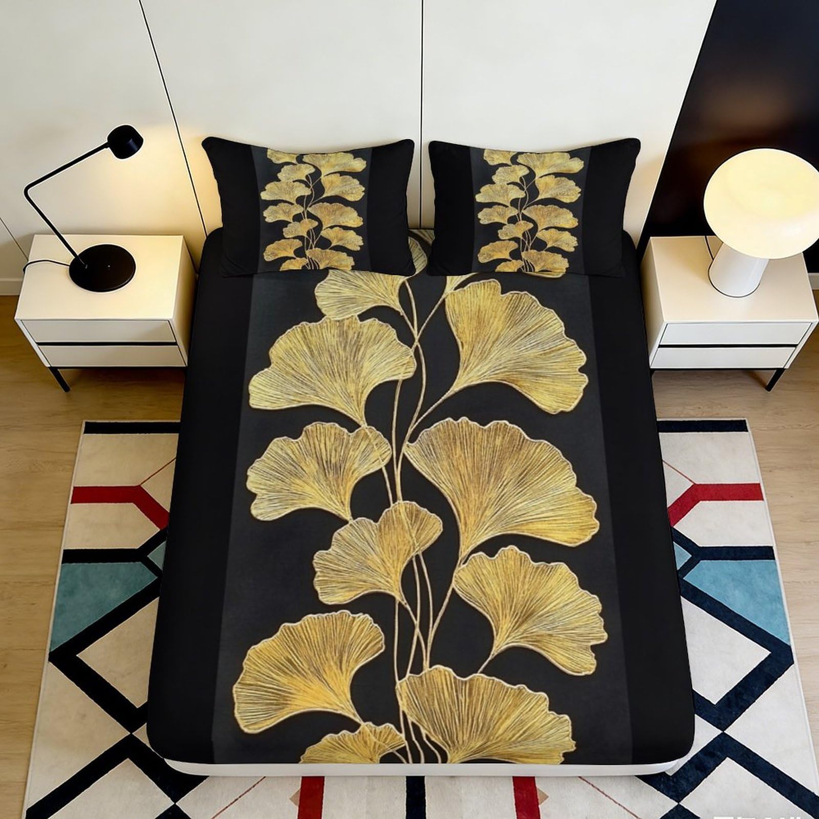 3D Printed Ginkgo Leaf Fitted Sheet Microfiber Anti-Slip Black Gold Botanical Mattress Cover Bedroom Decor 160x200x25cm