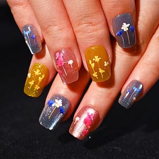 Sethexy Ataúd Press on Nail – Colorido ojo de gato, diseño de flores, uñas postizas para mujeres, 15 tamaños, 30 unidades con pegamento