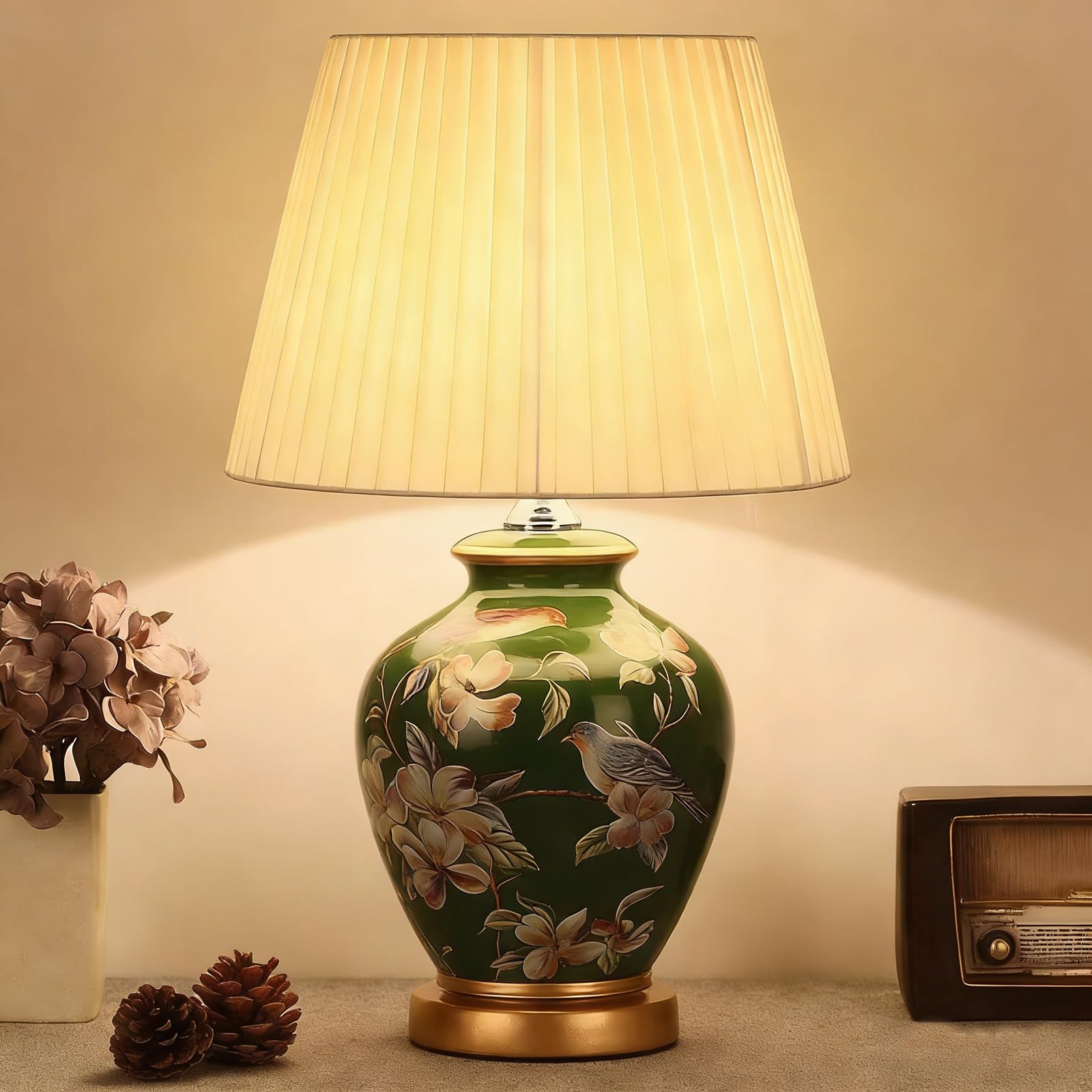 YUDIZWS Ceramic Vintage Table Lamp, Traditional Oriental Bedside Lamp with Fabric Lampshade, E27 Warm Light Nightstand Lamp for Bedroom Living Room Home Decor, B, White