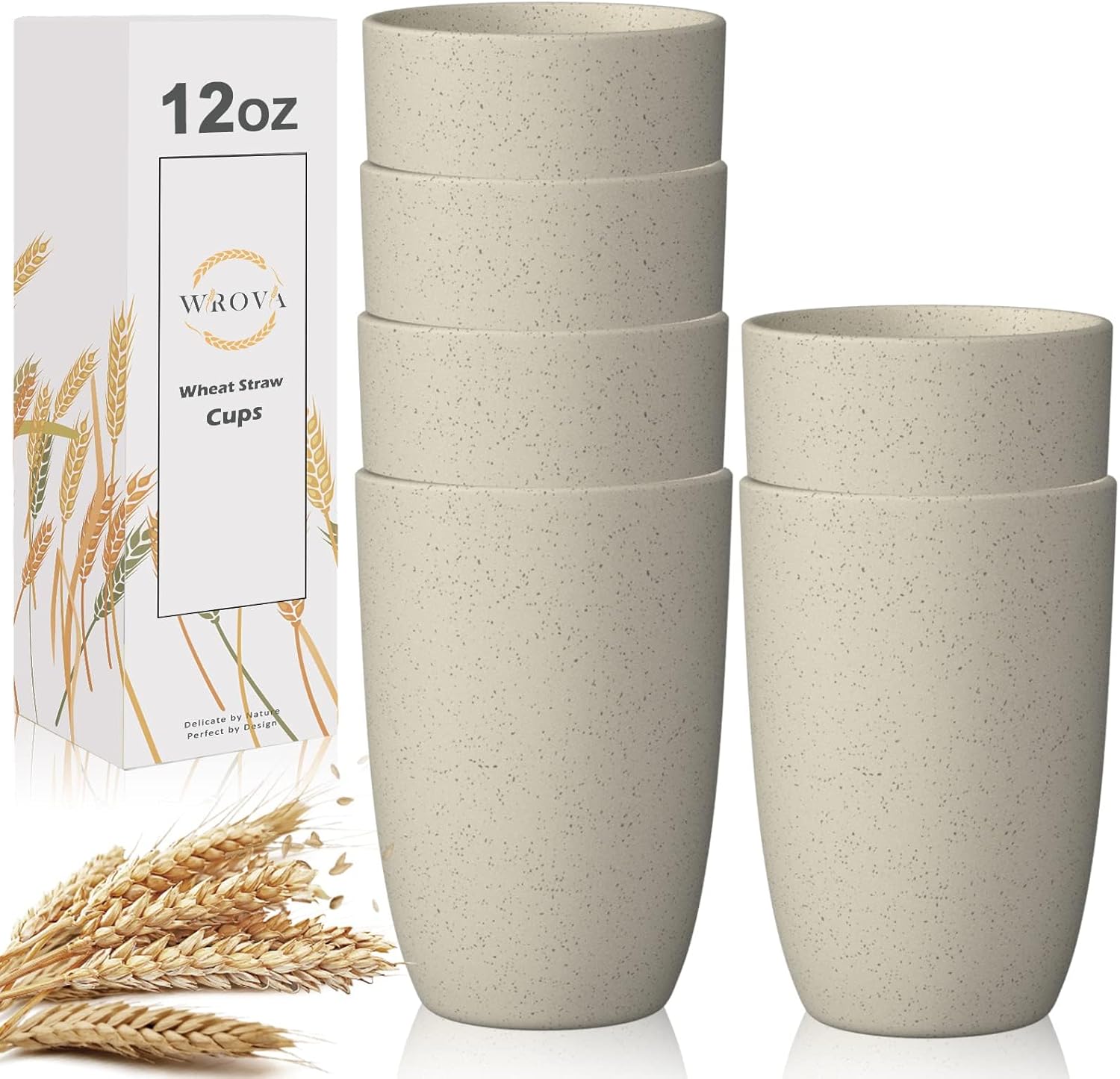 Wrova Wheat Straw Cups 6 PCS Good Alternative to Plastic Reusable Cups 12 oz Unbreakable Drinking Cup Reusable Dishwasher Safe Water Plastic Glasses Beige