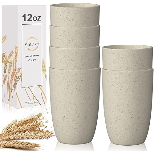 Wheat Straw Cups 6 PCS Good Alternative to Plastic Reusable Cups 12 oz Unbreakable Drinking Cup Reusable Dishwasher Safe Water Plastic Glasses Beige