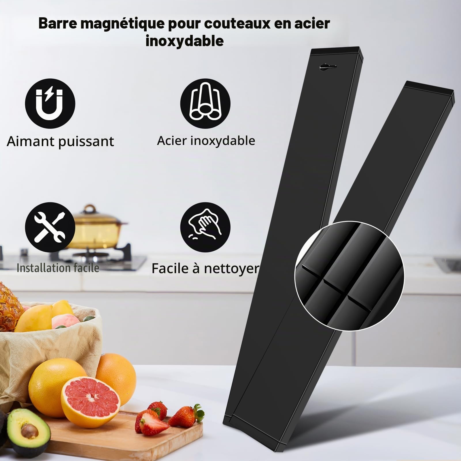 Porte Couteaux Aimanté 30cm, INOX Aimant Couteau Mural, Barre Aimantée pour Couteaux et Ustensiles, Barre Magnétique sans Perçage pour Cuisine, Noir