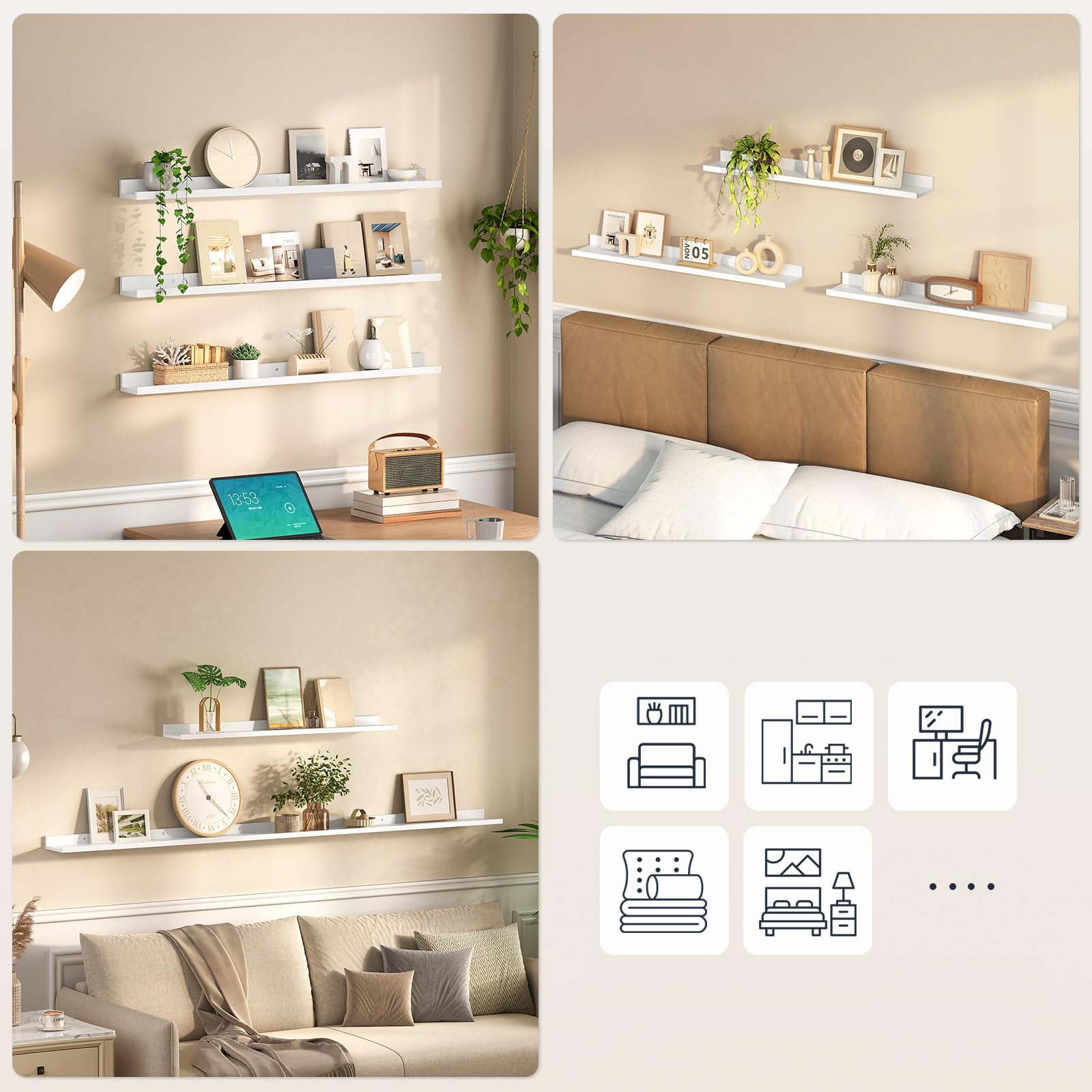 HOOBRO Étagères Flottantes, Étagères Murales, Lot de 3, Étagères Suspendues de 90 cm avec barrières surélevées et Attaches Invisibles, pour Salle de Bain, Chambre, Bureau, Blanc EWT90BJ01