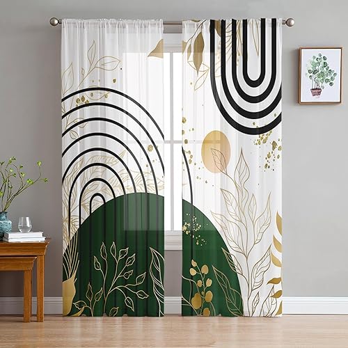 Miniatura 3 de Cortina Transparente Verde Negro Oro Boho 63 Pulgadas de Largo 2 Paneles Hojas de Planta Verde Oro Abstractas Modernas Cortina de Ventana Geométrica