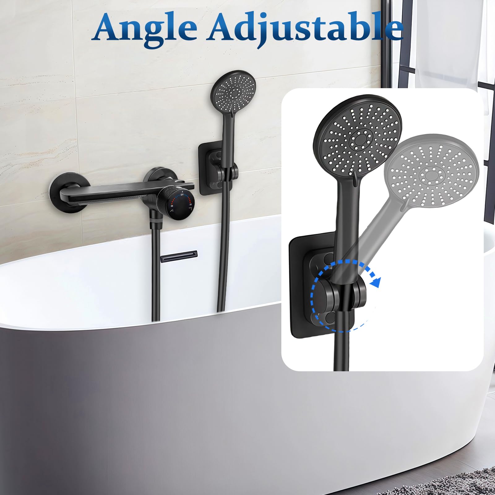 Mitigeur Baignoire, Robinet cascade avec Douchette, Robinet Baignoire avec Douchette 5 Jets, Robinet Salle Bain Baignoire Mural avec Flexible 1,5m, Robinet de baignoire (Noir)