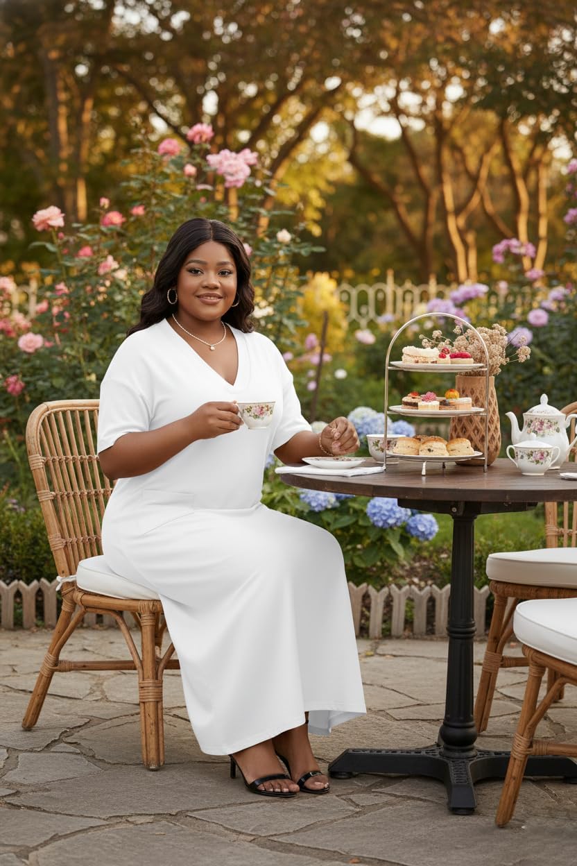 Runwind Plus Size Maxi Dress for Women Short Sleeve V Neck Casual Long Dresses with Pockets - Image 4