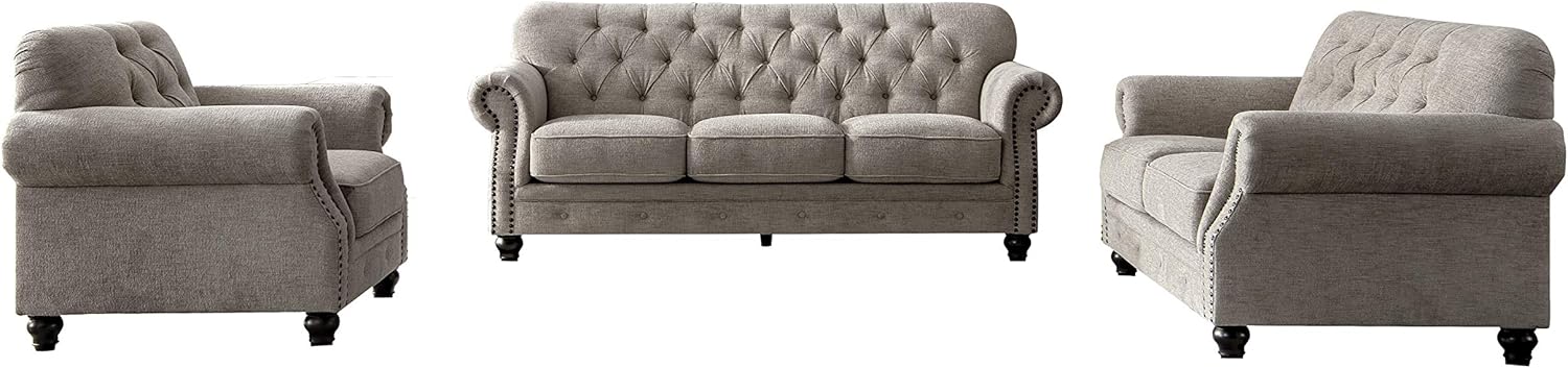 Acanva Collection Chesterfield Chenille Tufted Living Room Sofa, 3 Piece Set, Almond: Furniture & Decor